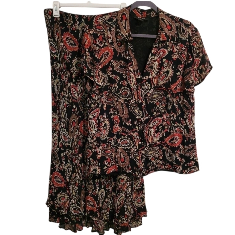 Women's 2pc Black floral paisley V-neck blouse top 15W pull-on Maxi skirt 14